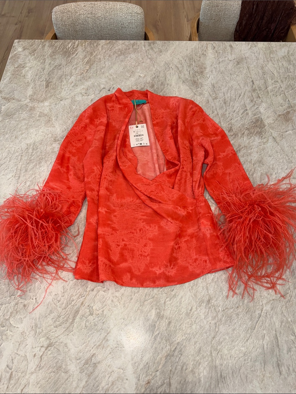 Orange Feather-Cuff Satin Blouse